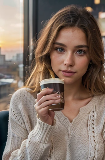 beautiful blonde wearing pink sweater (sipping coffee inside a modern café at sunset), very detailed, for passport, 21 years old, innocent face, natural wavy hair, blue eyes, masterpiec, intricate details, realistic skin texture, texture, detailed eyes, professional, charming smile, shallow depth of field,perfect fit body, extremely detailed, foto_\(ultra\), photorealistic, realistic, post-processing, maximum detail, roughness, real life, ultra realistic, photorealism, photography, 8k uhd, photography