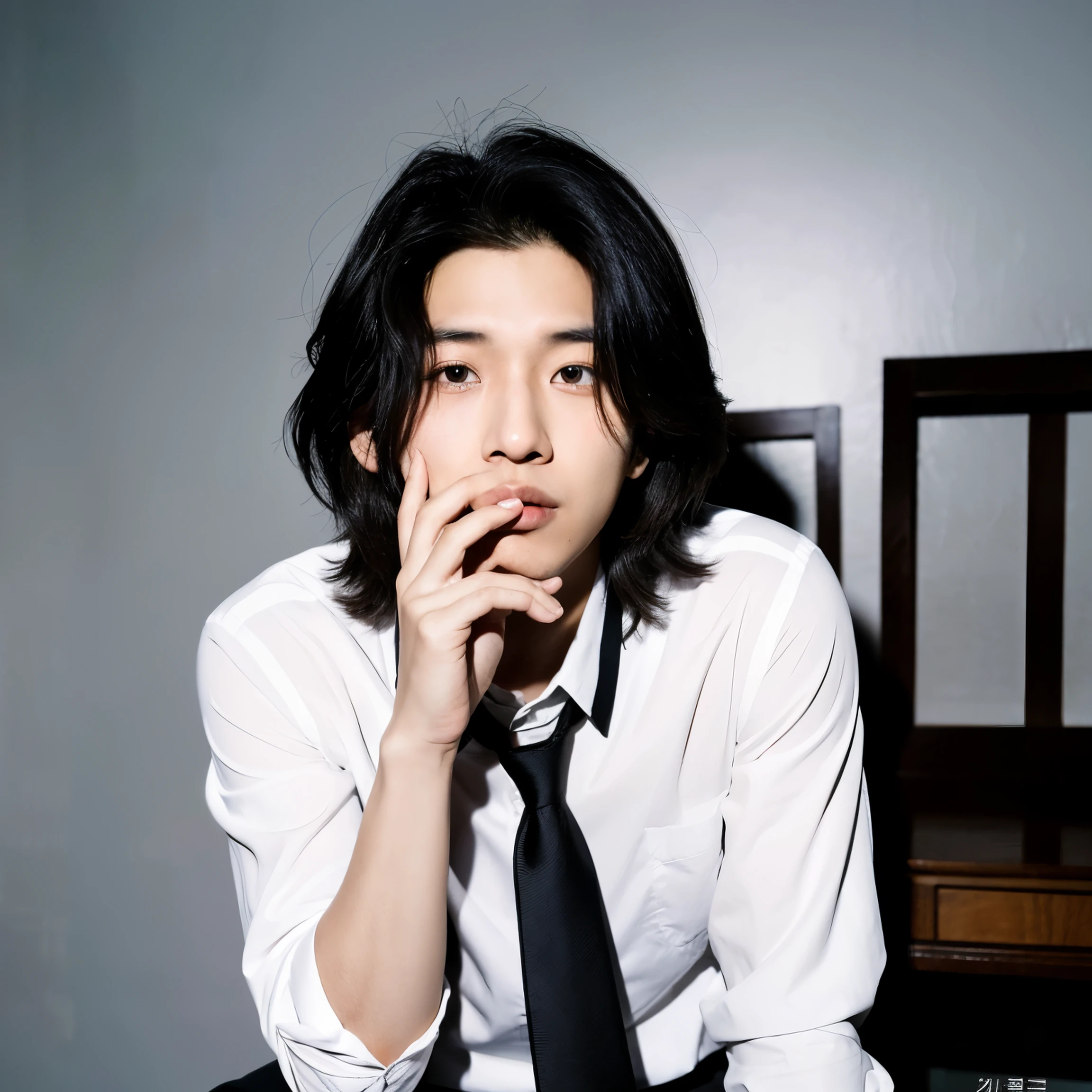 An attractive and handsome young Asian man in his mid-twenties with almost large black eyes, photoshoot for a magazine cover, white shirt and black pants and half-open tie and slightly long, upturned hair with one right in his pocket and the other hand vertically  on the table