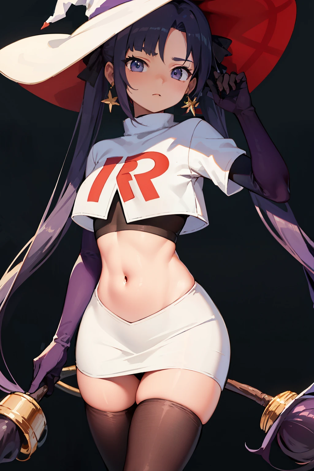 ((masterpiece,best quality)), team rocket,team rocket uniform, red letter R, white skirt,white crop top,black thigh-highs,black elbow gloves zettai ryouiki, aamona, long hair, twintails, hair ornament, black ribbon, earrings, witch hat, purple headwear, cowboy shot,