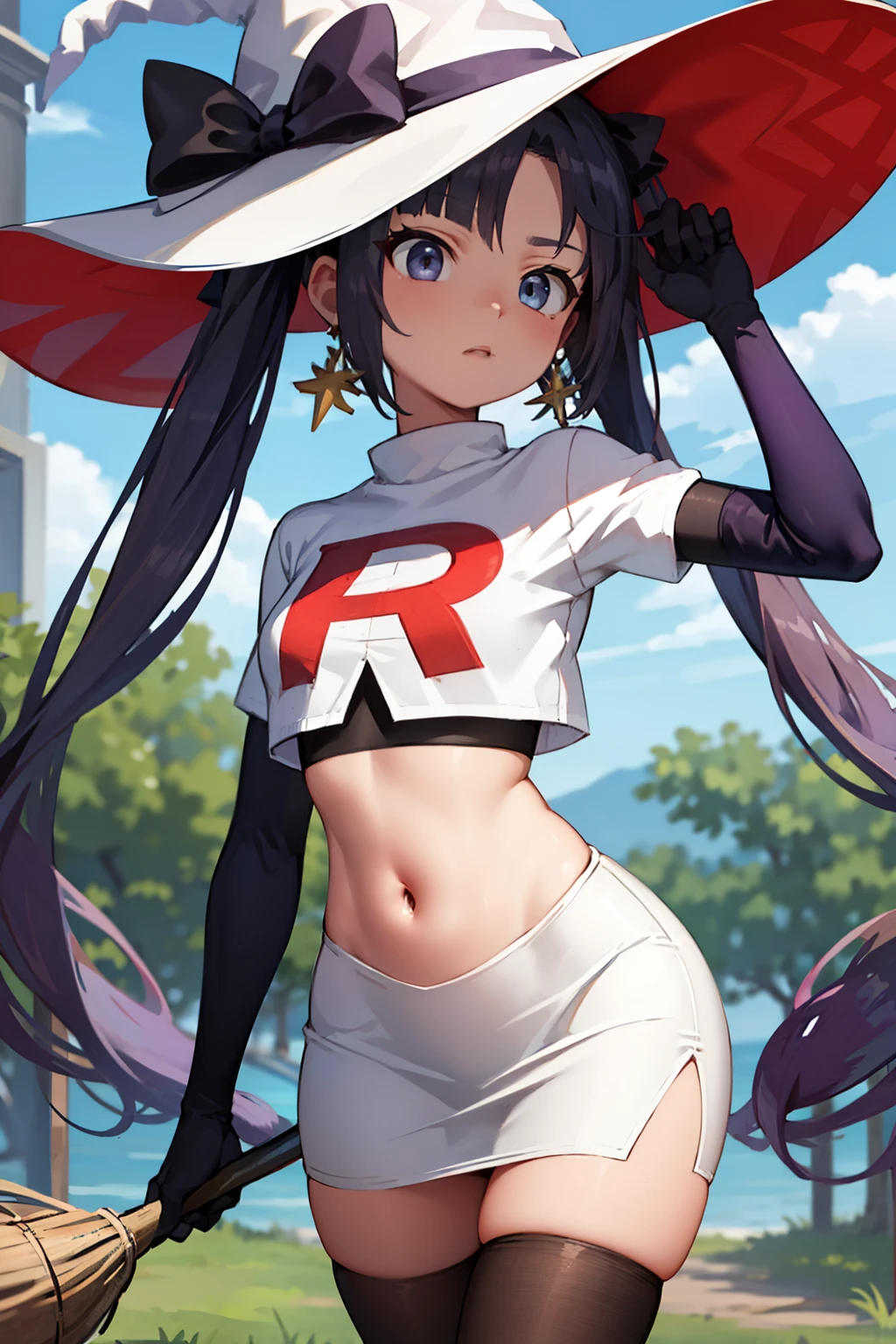 ((masterpiece,best quality)), team rocket,team rocket uniform, red letter R, white skirt,white crop top,black thigh-highs,black elbow gloves zettai ryouiki, aamona, long hair, twintails, hair ornament, black ribbon, earrings, witch hat, purple headwear, cowboy shot,