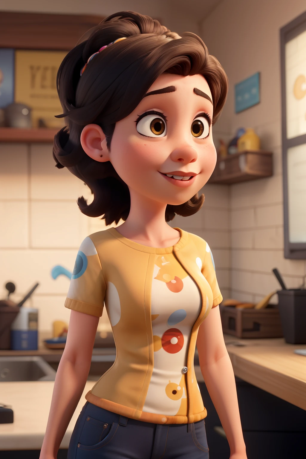 Personagem Disney Pixar, Mulher de 24 anos. cabelo preto. Corte de cabelo curto raspado na lateral. olho castanho. Boca fina. Batom vermelho. rosto arredondado.