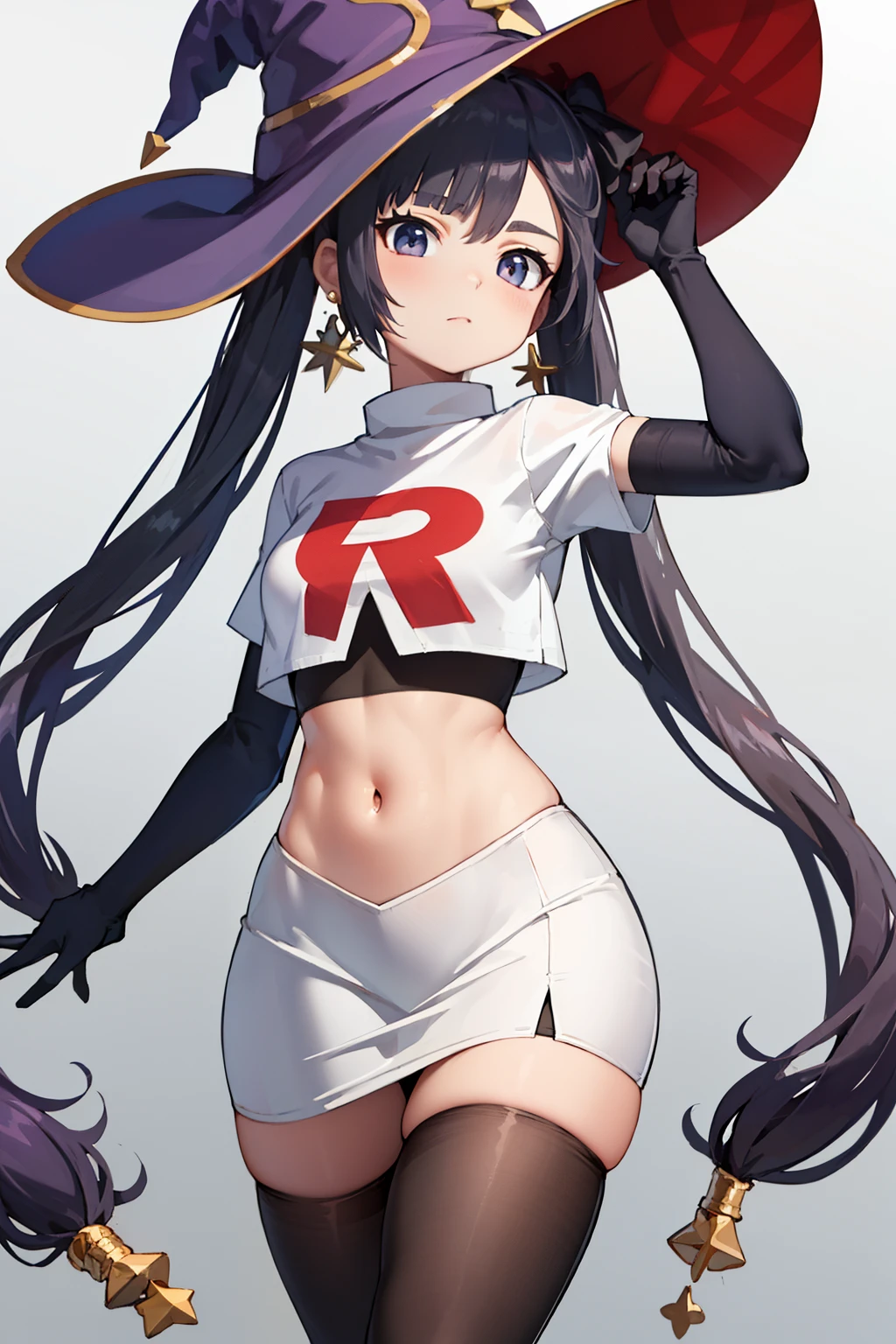 ((masterpiece,best quality)), team rocket,team rocket uniform, red letter R, white skirt,white crop top,black thigh-highs,black elbow gloves zettai ryouiki, aamona, long hair, twintails, hair ornament, black ribbon, earrings, witch hat, purple headwear, cowboy shot,