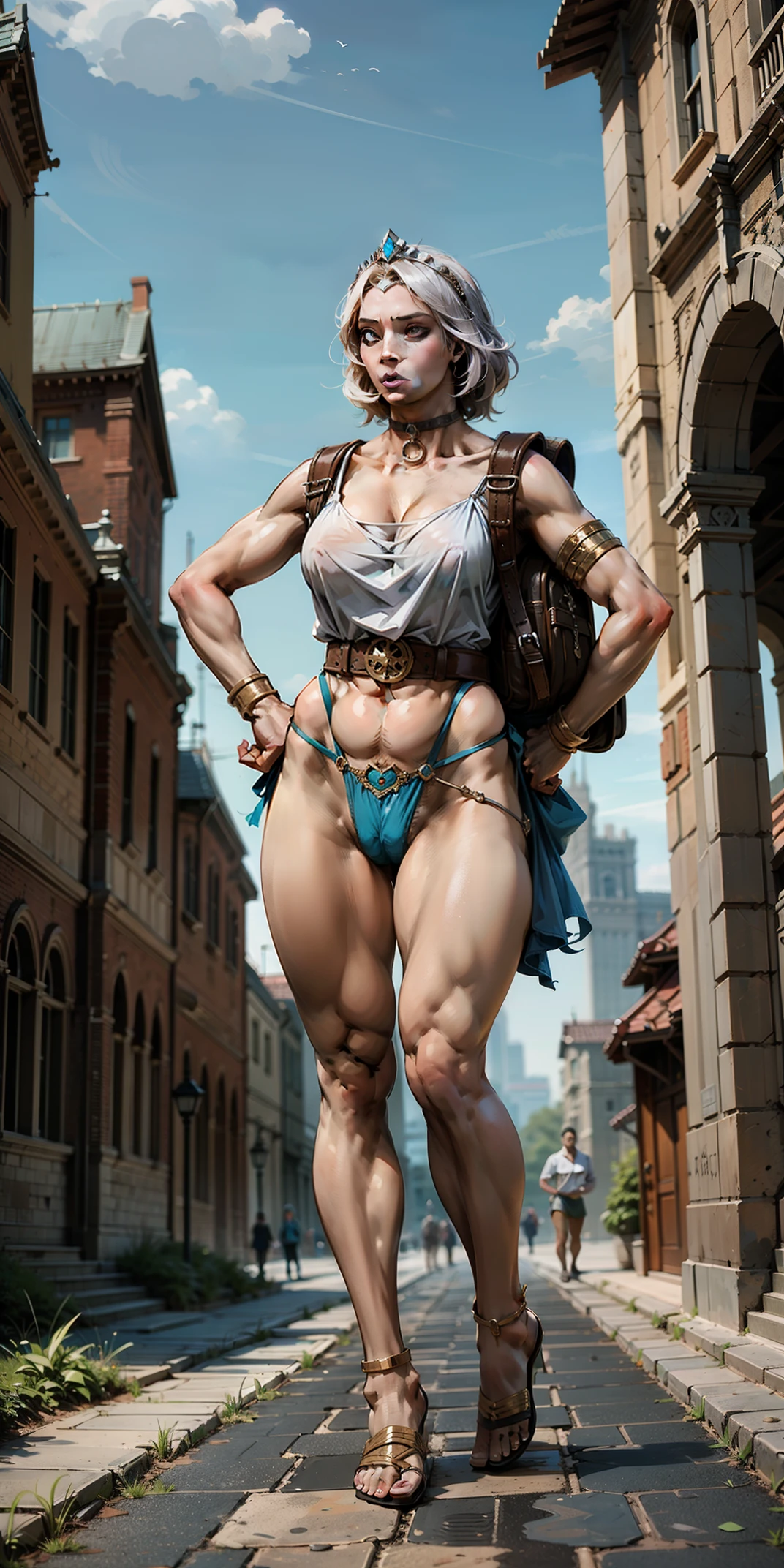 full body, whole body. 1solo (girl). slave fighter, loincloth standing, hands on hips, metal sandals, backpack, choker, big belt, view from below, feet together, bracers, tiara
