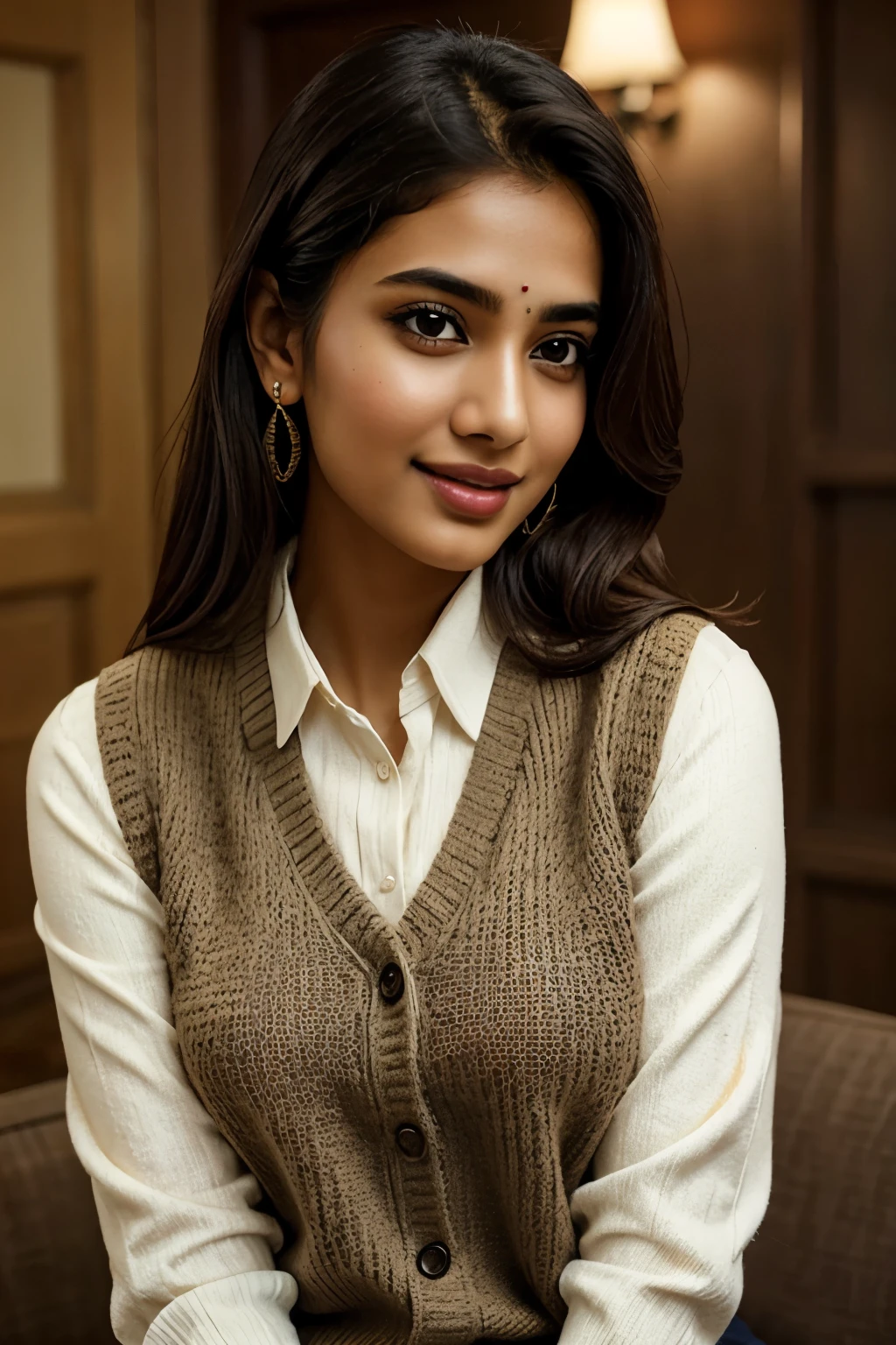 lovely cute young attractive Indian girl, brown eyes, expressing a gentle and captivating smile, 23 years old, an emerging Indian actress and Instagram model, wearing a sweater vest that exudes a scholarly and academia feel, accessorized with modern and trendy pieces to add a touch of casual elegance to the overall look, her brown eyes sparkling with warmth and charm as she engages the viewer, the scene perfectly capturing the essence of a charming and talented actress embracing her unique style, high definition and super realistic, shot in a well-lit, cozy setting, with a focus on every detail from the intricate patterns on her sweater vest to the expressive facial features.