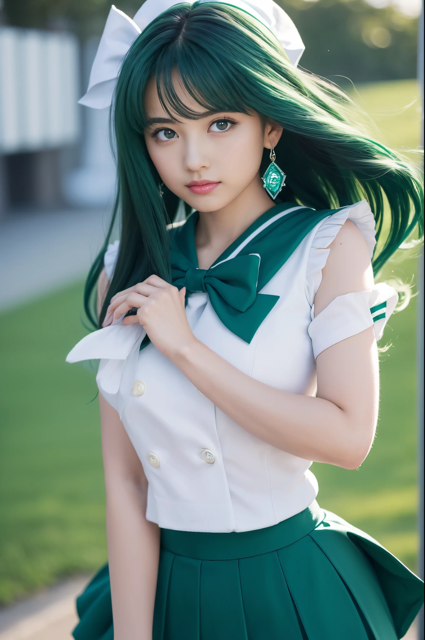 Close-up, 1 girl, Sailor Neptune, aqua eyes, dark green hair, medium hair, (Sailor Senshi Uniform:1.1), skirt, bow, dynamic posture, dynamic background, , highest quality, masterpiece, High resolution, intricate details, ((real)), photograph, earrings, jewelry, white gloves, medium breasted, whole body, white gloves, sailor color