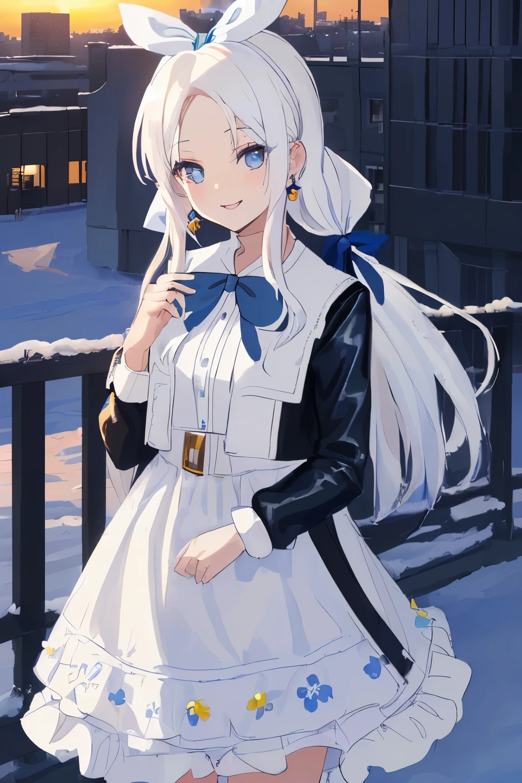 Chica anime, ((Masterpiece), top-quality, Top image quality, ((((solo)))), ((((white hair)))), long hair, parted bangs, forehead, ((((blue hairribbon)))), Beautiful blue eyes, Shining eyes, smile, s girl, 18yo, cute, black leather jacket, floral onepiece, earrings, sunset, city, snow, winter, 8k