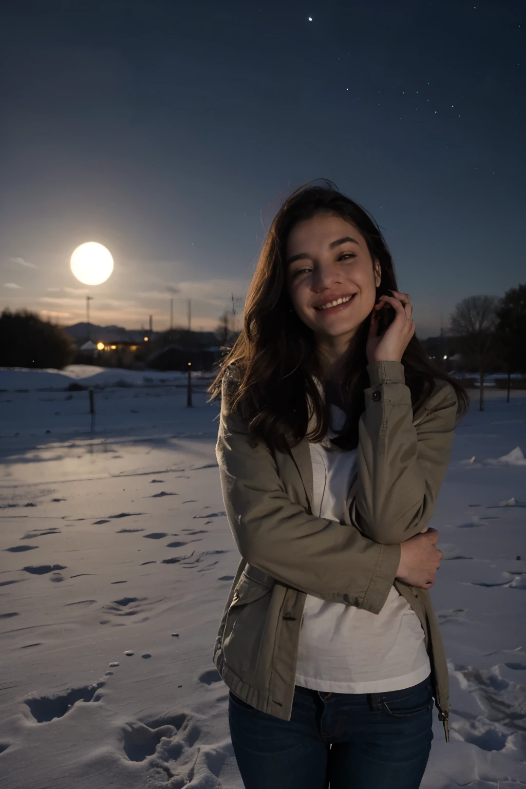mujer hermosa con ropa de paris, con cara feliz mirando la luna llena de noche. en un campo. invierno, nevando
