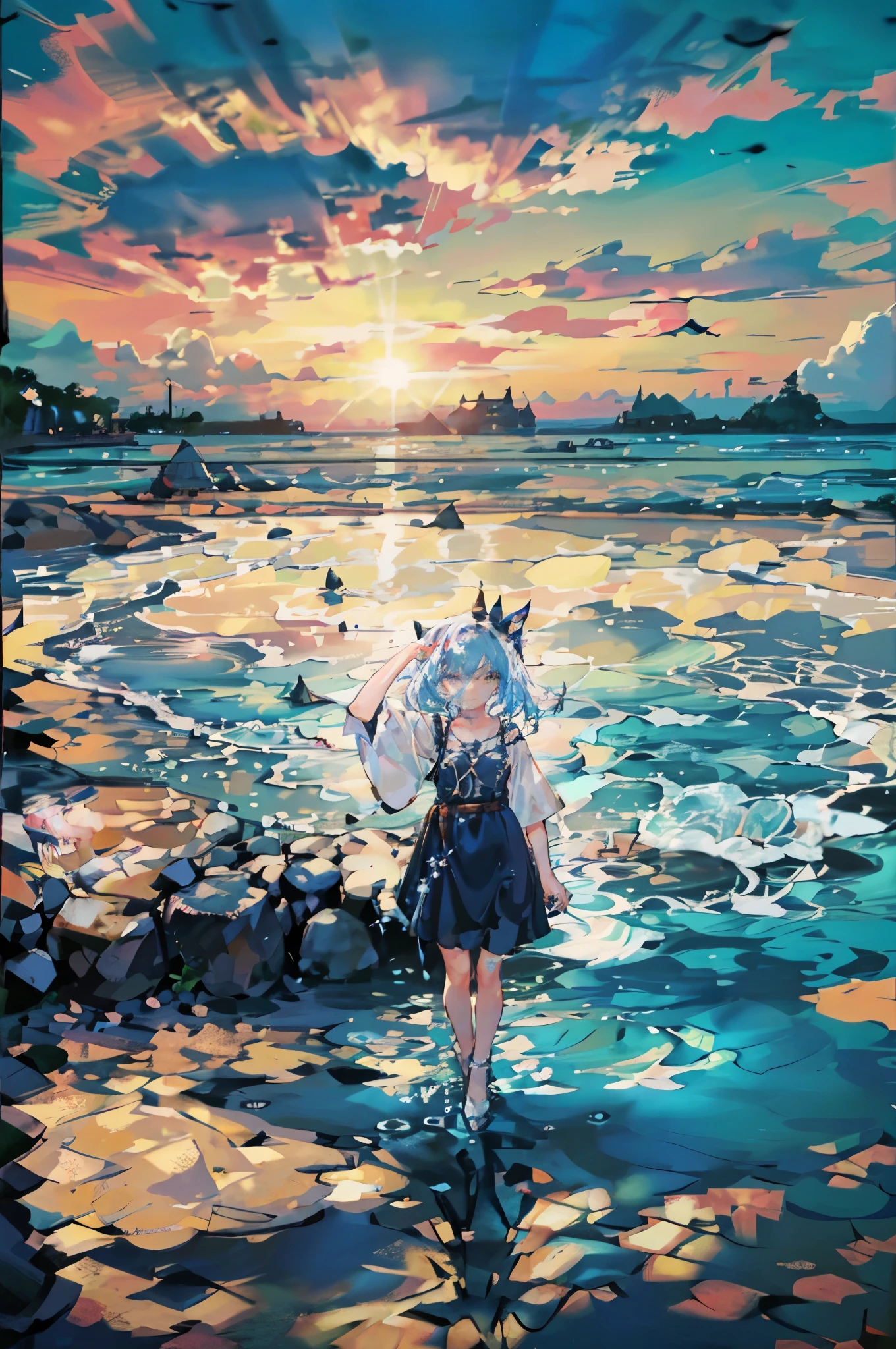 masterpiece, detailed, (((Girl Slime))), the girl is made of water and mucus, Blue Slime, ***********, Against the backdrop of the ocean, sunset, Bright sun, bright colors, Contrast, lilac hair, big eyes, blue slime dress, rain, Sad Girl, emphasis on rain, Palma, beachный sunset, beach, glow around the girl, silhouette, сильный rain, Oriental fantasy, elegant glamorous, (Geometric pattern:1.4), modernism, and minimalism, city with many details,