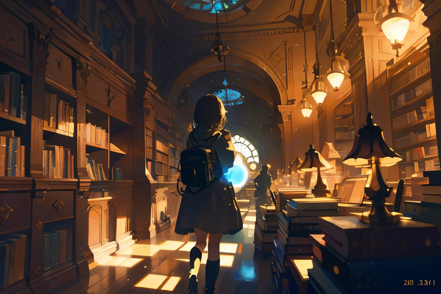 Generate a high-quality illustration of a library existing in a fantastical cosmic space, where a wandering girl is exploring. Craft a masterpiece with meticulous attention to detail, capturing the overall nostalgic and fantastical ambiance of the scene. Highlight the sense of awe and curiosity as the young girl explores the intricacies of this otherworldly library. Aim for the best possible quality, delivering a visually captivating and emotionally resonant composition best quality, masterpiece