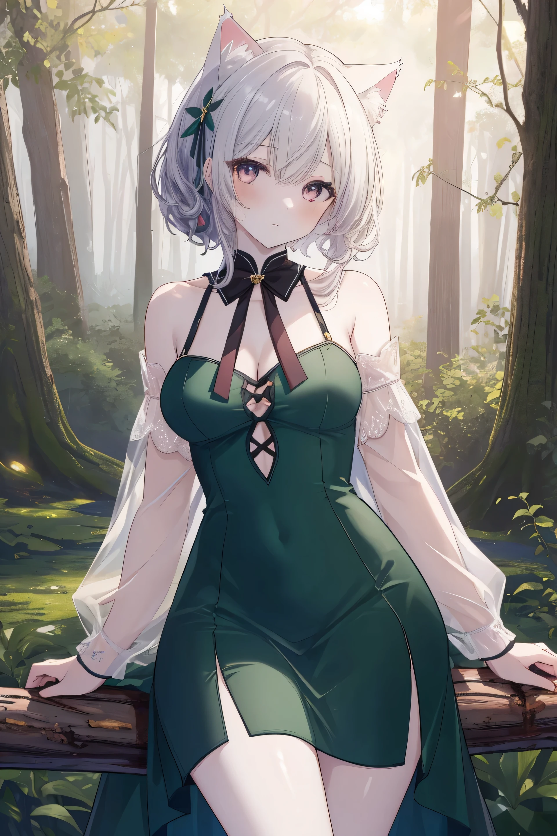 ((masterpiece, highest quality, 8K, High resolution:1.3)), girl, Cat ear, white skin, medium breasts, pointed chest, forest green dress, fantasy, magician, I&#39;ll take a wooden stick