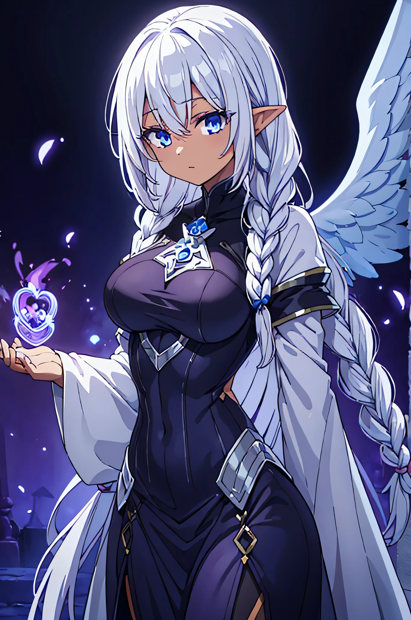 healer , bandages in hands,dark purple blue skin, drow , dark elf,priestess, full plate mail armor , angel wings, beautiful woman ,White hair, two braids haircut , casting healing spell, fantasy, ecchi