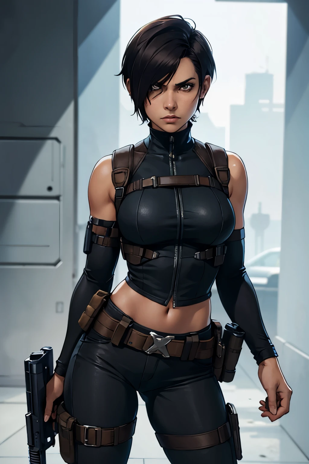 (hyperrealistic), (illustration), (high resolution), (8K), (extremely detailed), (best illustration), (beautiful detailed eyes), (best quality), (super detailed), (masterpiece), (wallpaper), (detailed face), ((solo)), 1girl, WhipMS, black top, short shorts, whip, warzone, desert, boots, bare shoulders, midriff, awe, blush, sweat, hot, standing, medium breasts