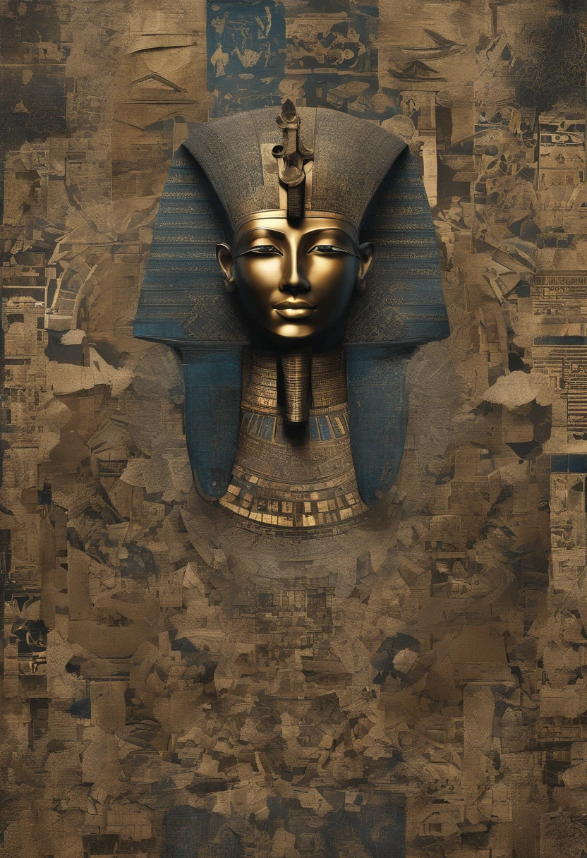 a egyptian man is covered with tiny people with various acting in black, in the style of detailed atmospheric portraits, indigo and bronze, made of all of the above, social media portraiture, intricately textured, fragmented, emotive expressions,