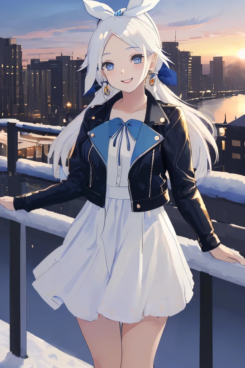 Chica anime, ((Masterpiece), top-quality, Top image quality, ((((solo)))), ((((white hair)))), long hair, parted bangs, forehead, ((((blue hairribbon)))), Beautiful blue eyes, Shining eyes, smile, s girl, 18yo, cute, black leather jacket, floral onepiece, earrings, sunset, city, snow, winter, 8k
