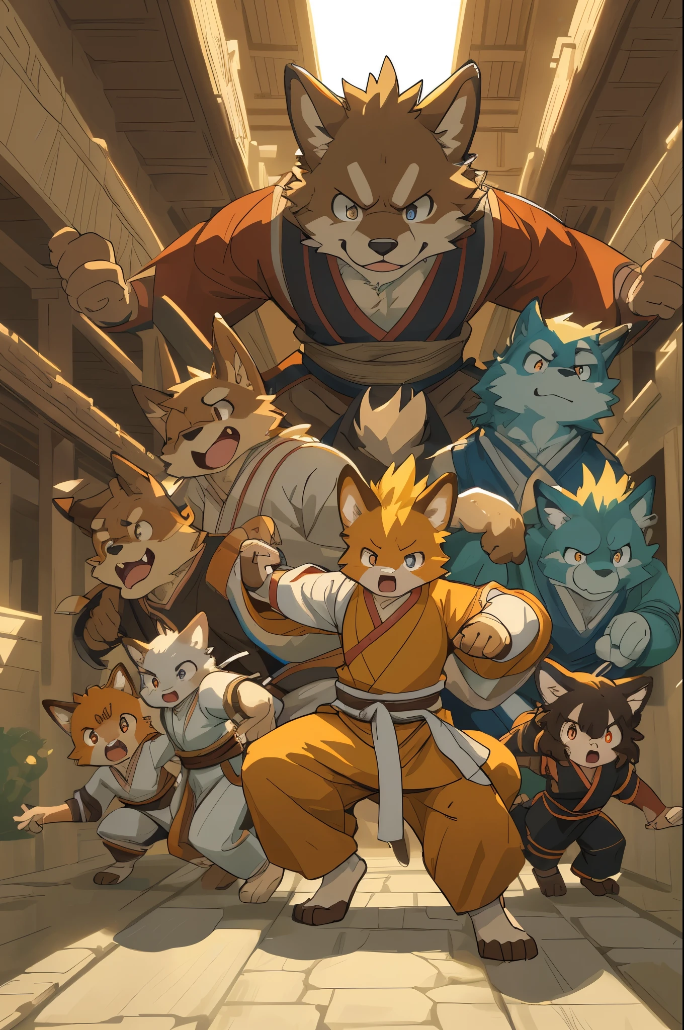 dynamic angle, top quality, best quality, High-quality illustrations, masterpiece, super high resolution, detailed background, detailed background, kung fu film, action, group shot:0.1, 6+boys, 6+girls, absurdres(highly detailed beautiful face and eyes)perfect ???????, expression, good lighting, cinematic shadow(kemono, furry anthro),