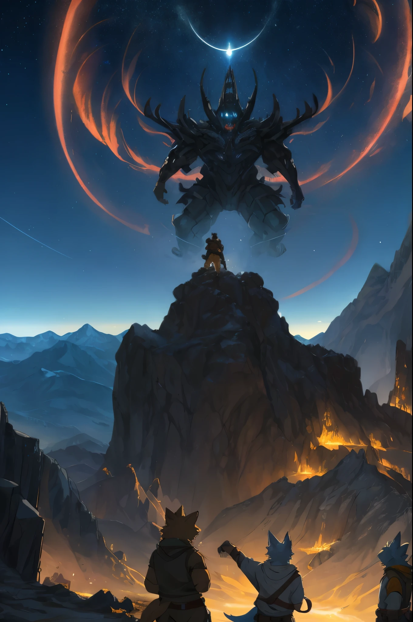 top quality, best quality, High-quality illustrations, masterpiece, super high resolution, detailed background, Characters undergoing physical and psychological transformations, confronting bizarre entities within the mountains, A scene featuring a vast expanse of starry sky in the distance, hinting at the unknown mysteries the mountains hold, 6+boys, 6+girls, absurdres(highly detailed beautiful face and eyes)perfect anatomy, expression, good lighting, cinematic shadow(kemono, furry anthro)assorted poses, dynamic angle,