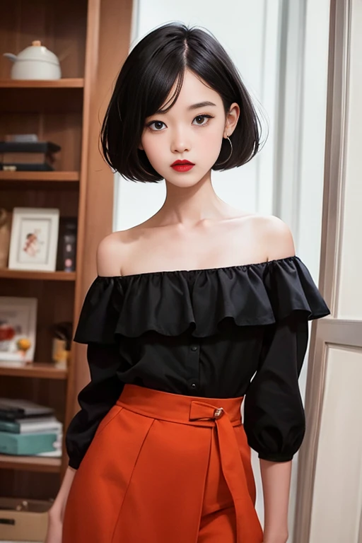 A Female with short black hair, bob cut, black eyes, Red lips, flamenco dress, orange ruffle off the shoulder top, black maxi skirt, bare shoulders, standing in a indoor room in style of digital illustration, Illustration style, 2D illustration, 2 d illustration, Flat graphic style, Stylized digital illustration, hand painted cartoon art style, Cartoon style illustration, Cartoon Art Style, vector art style, Flat illustration, trending on artstration,