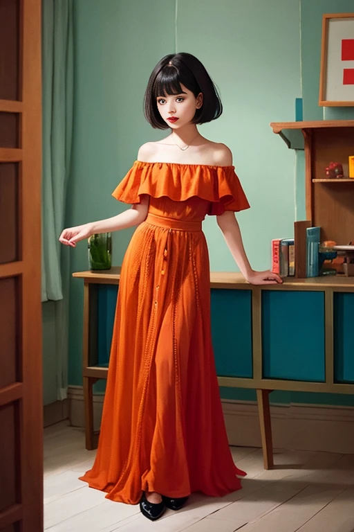 A Female with short black hair, bob cut, black eyes, Red lips, flamenco dress, orange ruffle off the shoulder top, black maxi skirt, bare shoulders, standing in a indoor room in style of digital illustration, Illustration style, 2D illustration, 2 d illustration, Flat graphic style, Stylized digital illustration, hand painted cartoon art style, Cartoon style illustration, Cartoon Art Style, vector art style, Flat illustration, trending on artstration,