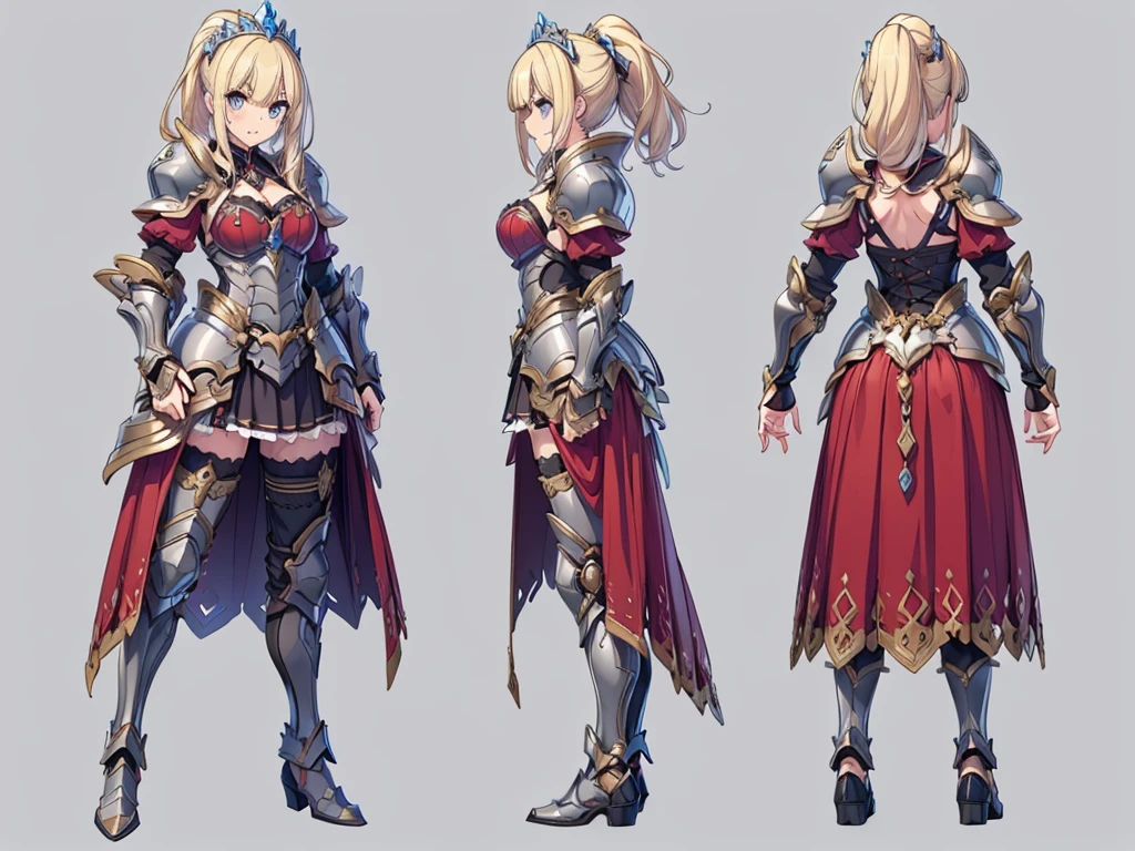 ((three-sided view, front view, side view, back view, multiple views, multiple poses and expressions, many parts)), concept art, character concept art, character sheet, Full body, illustration, (simple background, gray background), 1 character, 1girl, fantasy art, a female knight in metal armor, red_outfit, white_armor,cropped shoulders armor, plate armor, armor dress,gauntlets, Blonde hair,high ponytail,Blue eyes,ruby tiara,cleavage, thighs, thighhighs, weapon