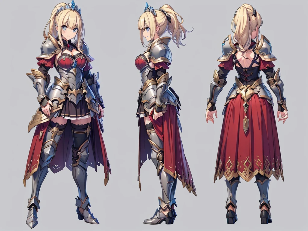((three-sided view, front view, side view, back view, multiple views, multiple poses and expressions, many parts)), concept art, character concept art, character sheet, Full body, illustration, (simple background, gray background), 1 character, 1girl, fantasy art, a female knight in metal armor, red_outfit, white_armor,cropped shoulders armor, plate armor, armor dress,gauntlets, Blonde hair,high ponytail,Blue eyes,ruby tiara,cleavage, thighs, thighhighs, weapon