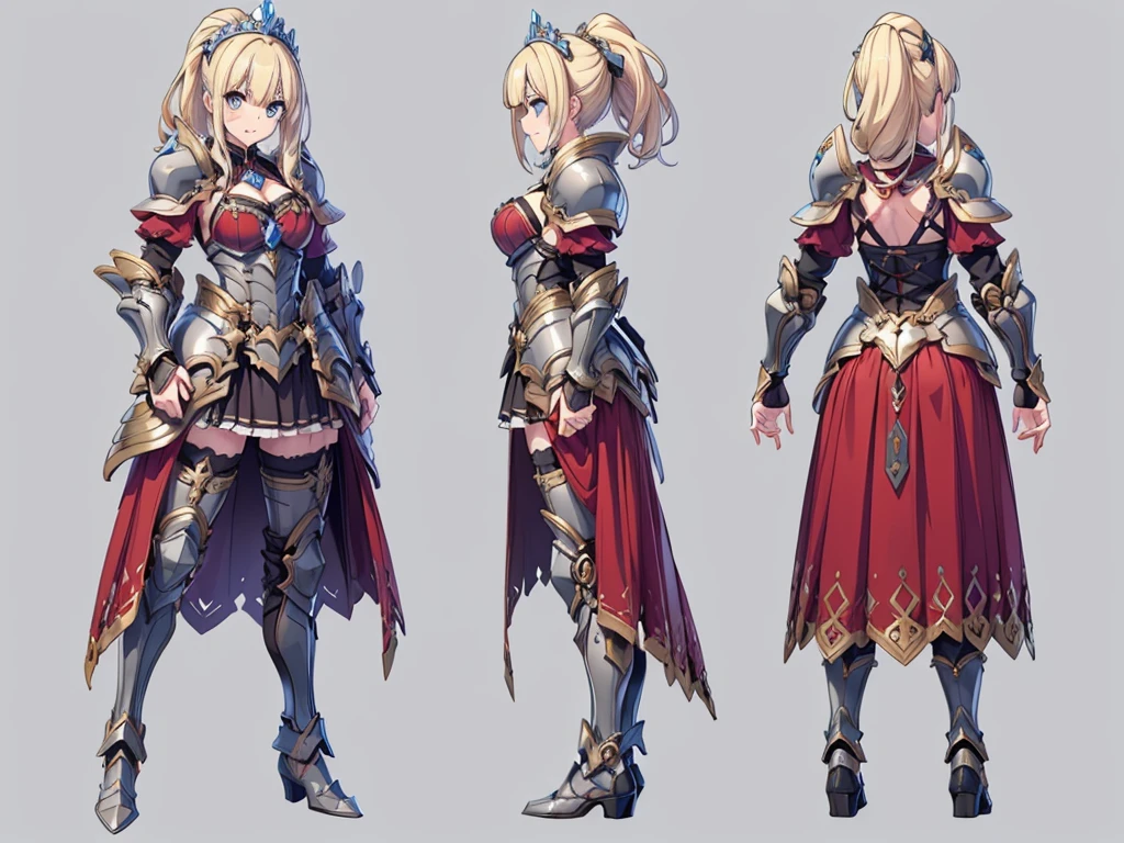 ((three-sided view, front view, side view, back view, multiple views, multiple poses and expressions, many parts)), concept art, character concept art, character sheet, Full body, illustration, (simple background, gray background), 1 character, 1girl, fantasy art, a female knight in metal armor, red_outfit, white_armor,cropped shoulders armor, plate armor, armor dress,gauntlets, Blonde hair,high ponytail,Blue eyes,ruby tiara,cleavage, thighs, thighhighs, weapon