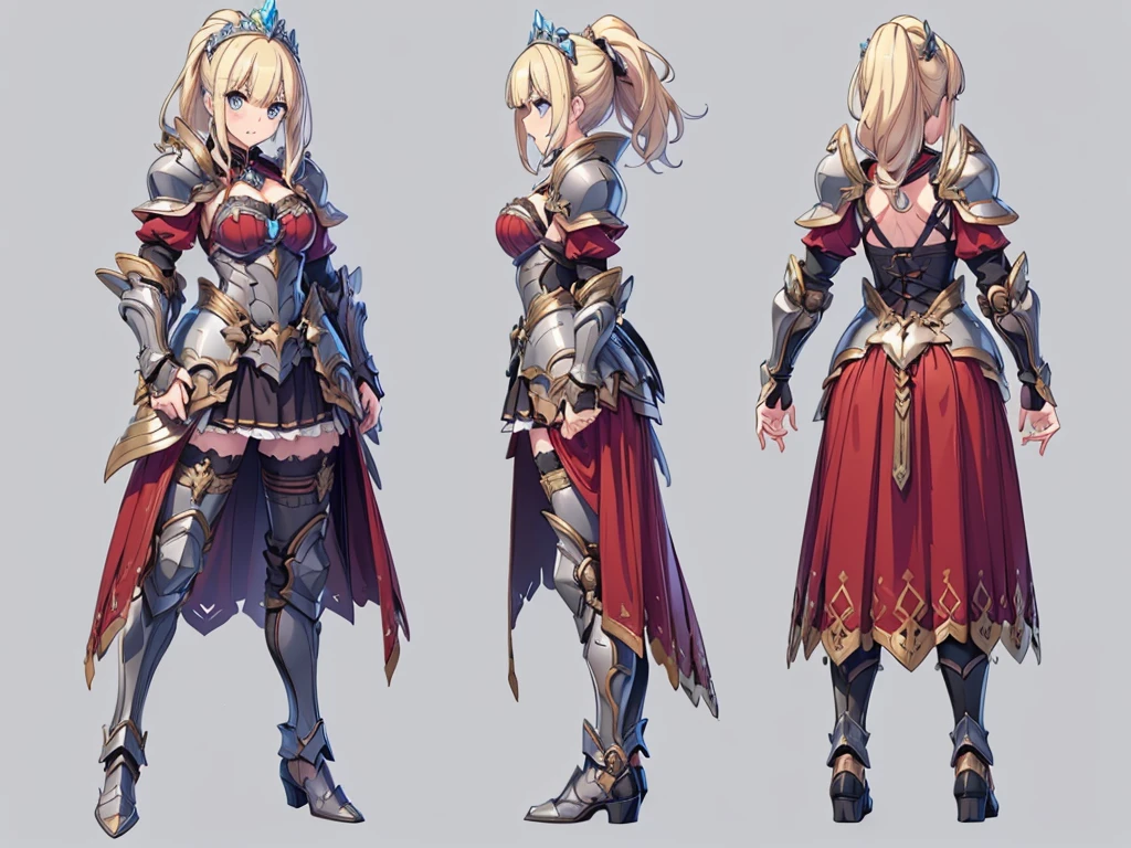 ((three-sided view, front view, side view, back view, multiple views, multiple poses and expressions, many parts)), concept art, character concept art, character sheet, Full body, illustration, (simple background, gray background), 1 character, 1girl, fantasy art, a female knight in metal armor, red_outfit, white_armor,cropped shoulders armor, plate armor, armor dress,gauntlets, Blonde hair,high ponytail,Blue eyes,ruby tiara,cleavage, thighs, thighhighs, weapon