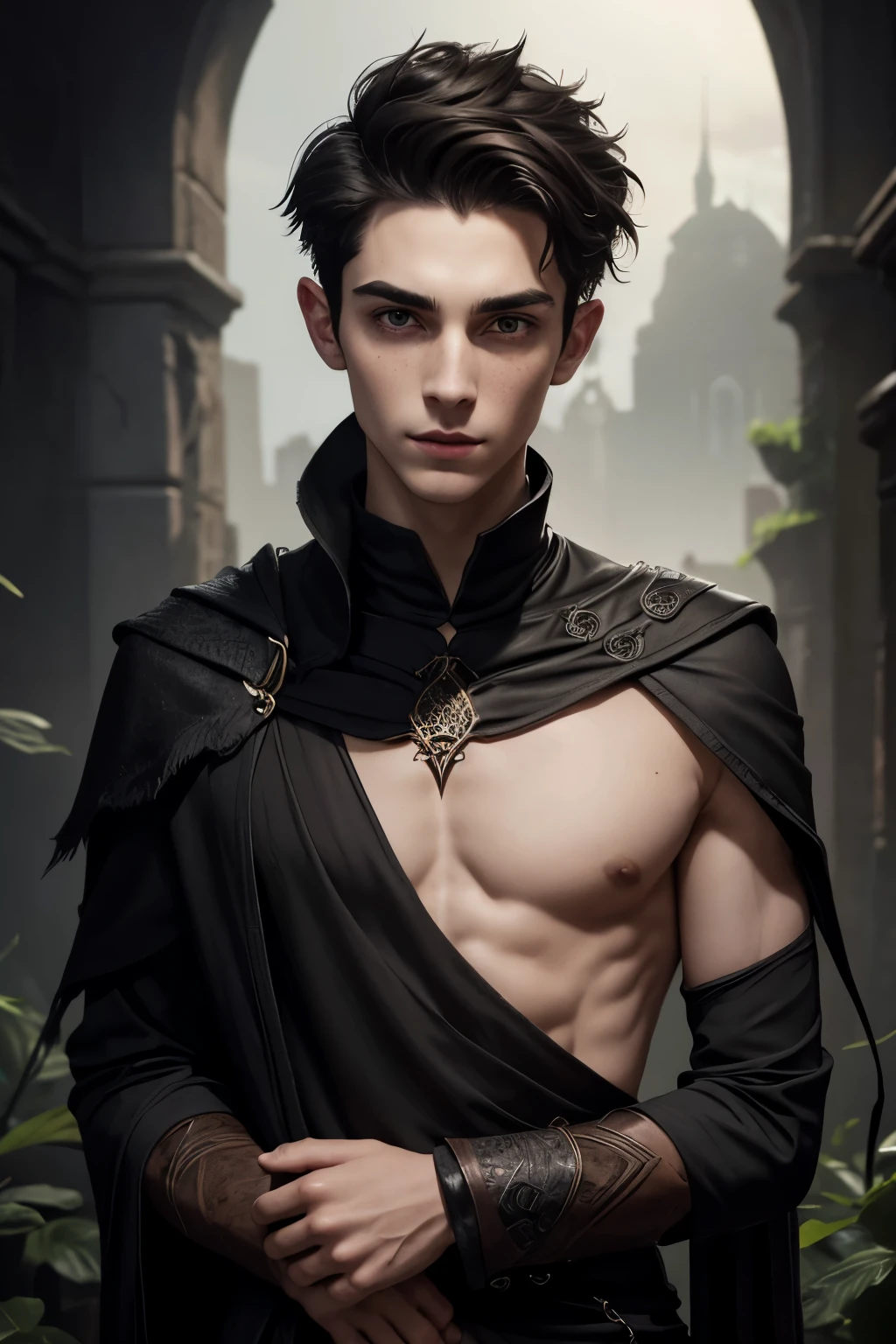 Portrait of an young soft male dark warlock in a fantasy setting. Skinny. Kind. Friendly. Soft. Very pale skin with freckles and liverspots. Dark-brown hair. Short Undercut. Sides shaved. Big upturned dark-brown eyes. deep-set eyebrows. Very thinned out small eyebrows. Long wide nose. Curved lips. Long soft face. Round chin. Long neck. Slim body. Black clothing. 