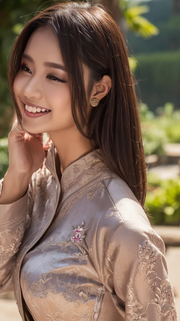 (Best quality, high resolution, Masterpiece: 1.3), a beautiful woman with a slender figure, (dark brown layered hairstyle), wearing a pendant, ((kebaya_bali)) outdoors, scenic beauty, lakes and mountains in distant background, details in face and skin texture beautifully rendered, details eyes, (best quality, high resolution, masterpiece: 1.3), a beautiful woman with a slim figure, (dark brown layered hairstyle),((kebaya_bali)), outdoors, background random, details in face and skin texture beautifully rendered, detail eyes, double eyelids, seductive laugh, feminine laugh, seductive pose