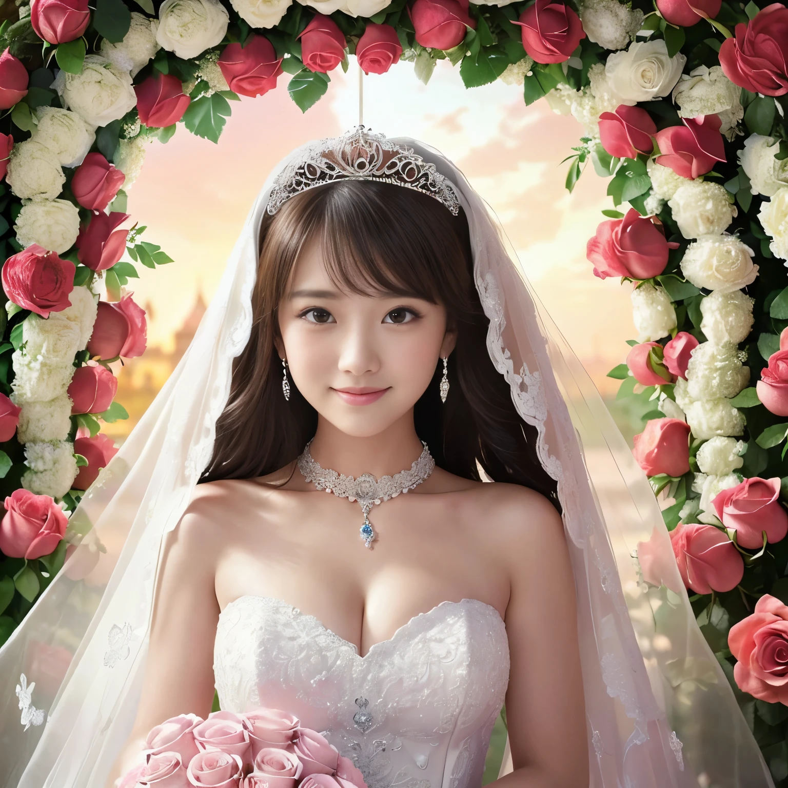 (table top、highest quality、8K、very detailed and intricate details、The most complex and detailed textures、Ultra high definition)、(very young girl in a wedding dress:1.2)、(Big breasts that are about to burst:1.2)、bride'upper body photo、perfect camera gaze、the best smile when you look at me、Top quality giant tiara、highest qualityの巨大なネックレス、(giant rose arch:1.3)、(surrounded by many roses:1.5)、(bride filled with lots of roses:1.5)、surrounded by flowers、(bride surrounded by lots of pink and white roses:1.2)、detailed background