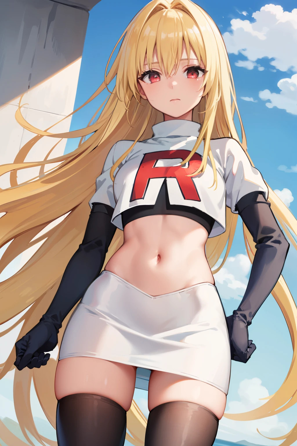 ((masterpiece,best quality)), team rocket,team rocket uniform, red letter R, white skirt,white crop top,black thigh-highs,black elbow gloves zettai ryouiki,  (finely detailed beautiful eyes: 1.2), phyami, yaminor, 1girl, solo, blonde hair, long hair, red eyes, very long hair, 