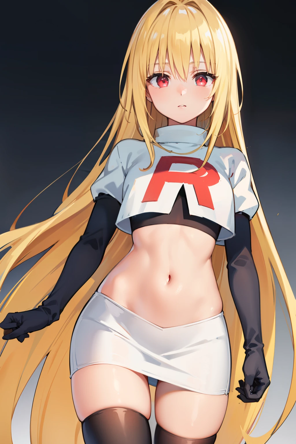 ((masterpiece,best quality)), team rocket,team rocket uniform, red letter R, white skirt,white crop top,black thigh-highs,black elbow gloves zettai ryouiki, (finely detailed beautiful eyes: 1.2), phyami, yaminor, 1girl, solo, blonde hair, long hair, red eyes, very long hair,