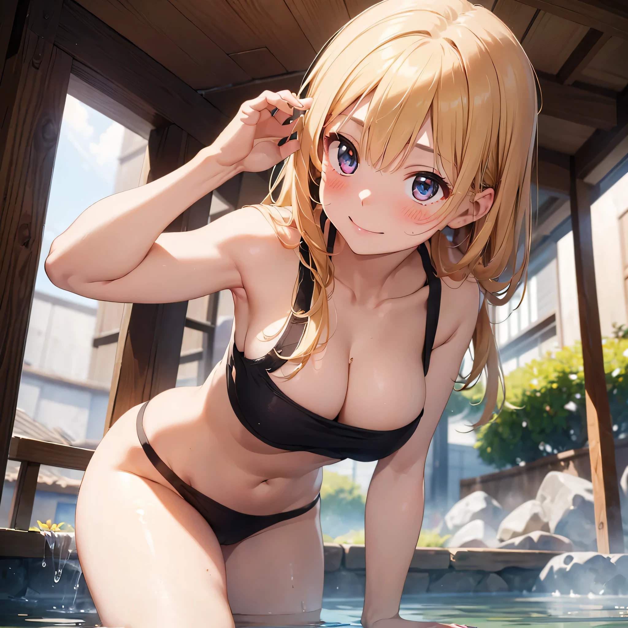 (masterpiece:2.0), (highest quality:2.0), (Leaning forward naked in a hot spring:1.5), (Extra short white tube top towel:1.5), (super sexy pose:1.5), (look up from below:1.5), (perfectly exposed shoulders:1.5), (perfectly exposed nape:1.5), (blushing face:1.5), (cover your crotch with your hands:1.5), (cover your chest with your hands:1.5), (spilling breasts:1.5), (realistic:1.5), 1 , very cute girl, precision small hands, You look embarrassed when you look at me, light smile, innocent face, young face, clear eyes, shining eyes, small breasts, I can see the side boob, I can see your shoulders, I can see the cleavage, no pubic hair, dynamic posing, beautiful skin, Super fine, highest resolution, Japanese high school student, golden hair