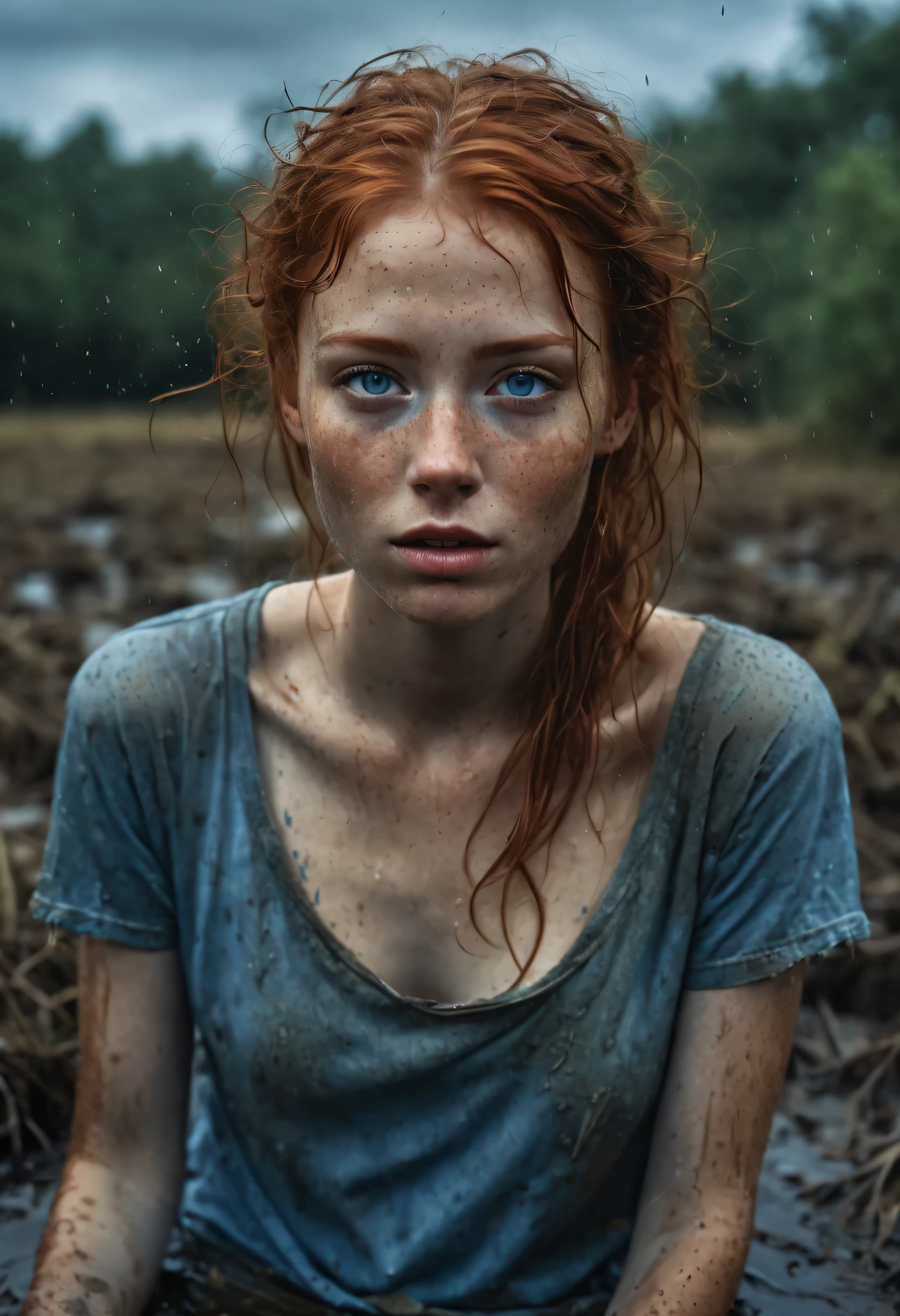 An exquisitely detailed photograph of a graceful red-haired girl with freckles, a scattering of freckles on the dewdrops of a beautiful face, with pointed features, a dreamy look of languid eyes and a slightly open mouth in an expression of euphoria. she is drowning in bog. She&#39;s wearing a wet T-shirt, tight-fitting chest, and (dirty muddy blue jeans:1.2), embedded in the muddy bottom of the bog. Among tree stumps and trees entangled in thorny vines, a girl drowns in a dark swamp., desperately clinging to slippery snags with your fingers, but unable to overcome the viscous dno. Her face, thrown back to the sky, expresses a mixture of agony, shame and perverted pleasure from indulging in a dirty fetish. full body