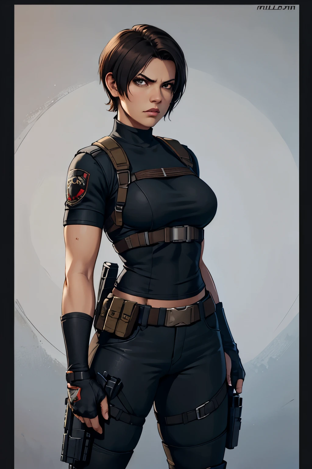 Resident evil girl latina skin, very short shaved hair, with holster, black clothes, tactical holster, and holding a gunner, angry,