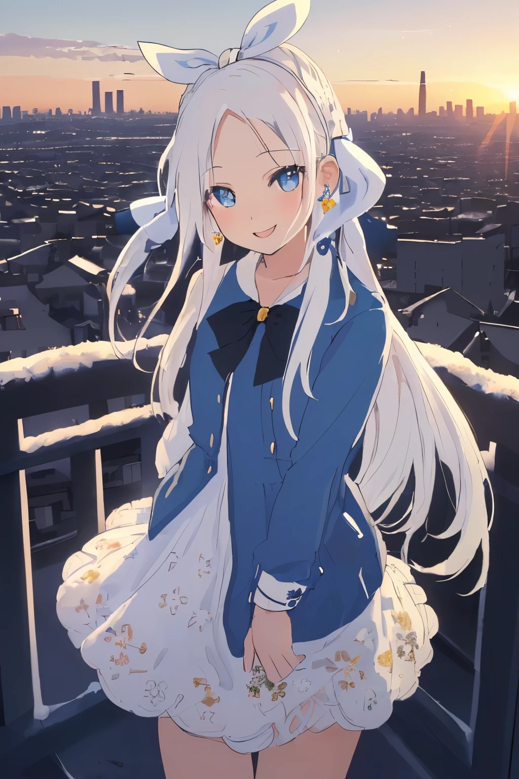 Chica anime, ((Masterpiece), top-quality, Top image quality, ((((solo)))), ((((white hair)))), long hair, parted bangs, forehead, ((((blue hairribbon)))), Beautiful blue eyes, Shining eyes, smile, s girl, 18yo, cute, black leather jacket, floral onepiece, earrings, sunset, city, snow, winter, 8k