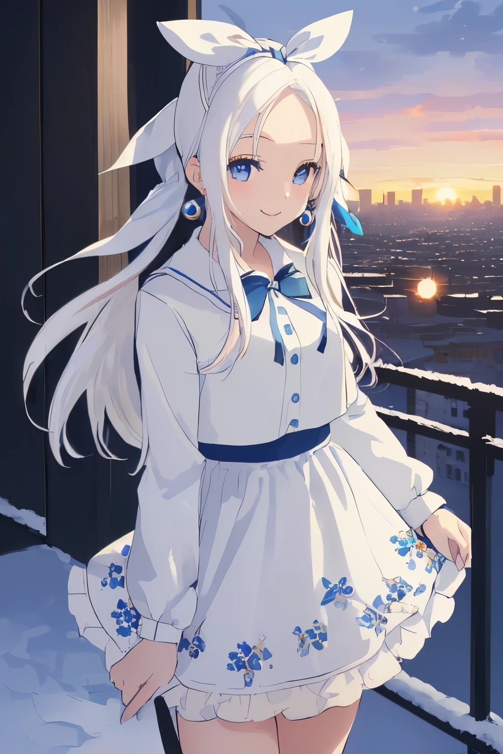 Chica anime, ((Masterpiece), top-quality, Top image quality, ((((solo)))), ((((white hair)))), long hair, parted bangs, forehead, ((((blue hairribbon)))), Beautiful blue eyes, Shining eyes, smile, teens girl, 18yo, cute, black leather jacket, floral onepiece, earrings, sunset, city, snow, winter, 8k