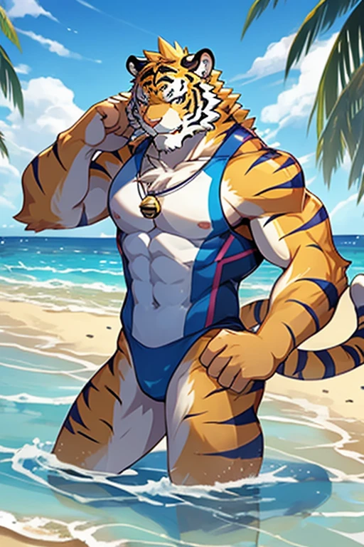 Una imagen de los personajes de la visual novel Knight College(kemono): Grantly Bell(kemono tigre anaranjado), being on the beach and wearing an attractive swimsuit.