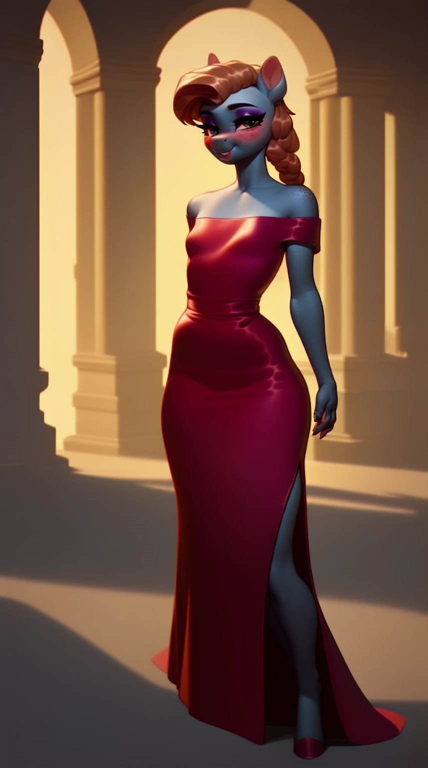 (score_9), (source_ derpibooru_p_95), (earth pony), ((anthro :1.1)), (shoulderless prom dress), blushing, solo, realistic long hair, bangs, braid , anatomically correct, flat chest, curvy figure, high res, pink bottom lip, extremely detailed, absolutely stunning, freckles, skinny waist, makeup, banquet hall,