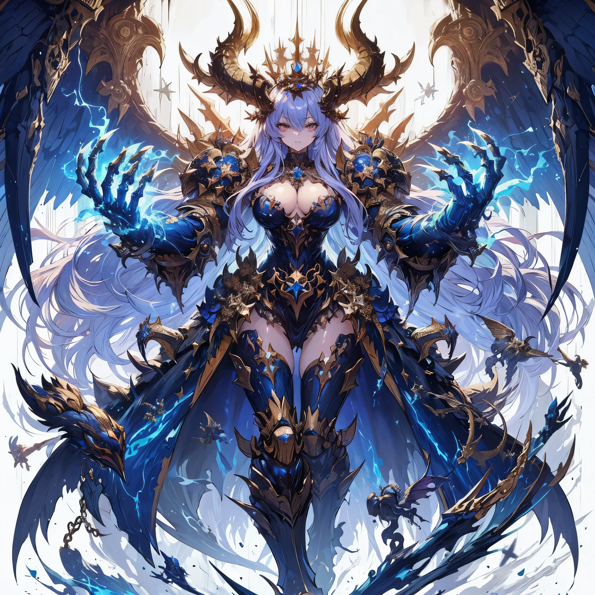 Masterpiece, best quality, ultra-detailed, anime style, full body of Chaos Demon Girl, a sinister and ominous aura, luxurious ultra blue power armor, both arms as GIANT HUGE arm and claws, majestically crowned, shining gold hair, war hammer 40K, supernatural Lightning and flame, ((Eight-pointed star symbol)), 8k high resolution, trending art station, white background, whole body,