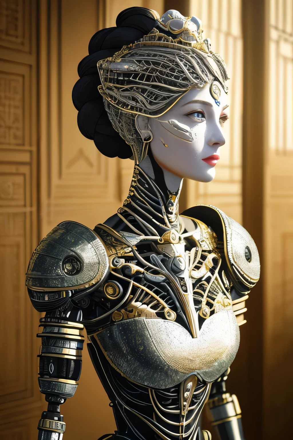Intricate 3d rendering of highly detailed beautiful ceramic silhouette female robot face, ciborgue, robot parts, 150mm, beautiful studio soft light, Luz de aro, detalhes vibrantes, ciberpunk de luxo, RENDA, surreal, Anatomia , facial muscles, fios de cabo, microchips, elegance, fundo bonito, Octane rendering, Estilo HR Giger, 8k, melhor qualidade, obra de arte, illustration, Muito delicado e lindo, muito detalhado, CG, uniforme, papel de parede, ( fidelidade, fidelidade: 1.37), splendid, detalhe fino, obra de arte, melhor qualidade, arte oficial, Papel de parede CG Unity 8K muito detalhado, absurdo, Inacreditavelmente absurdoo, robot, capacete prateado, corpo todo, sentar e escrever
