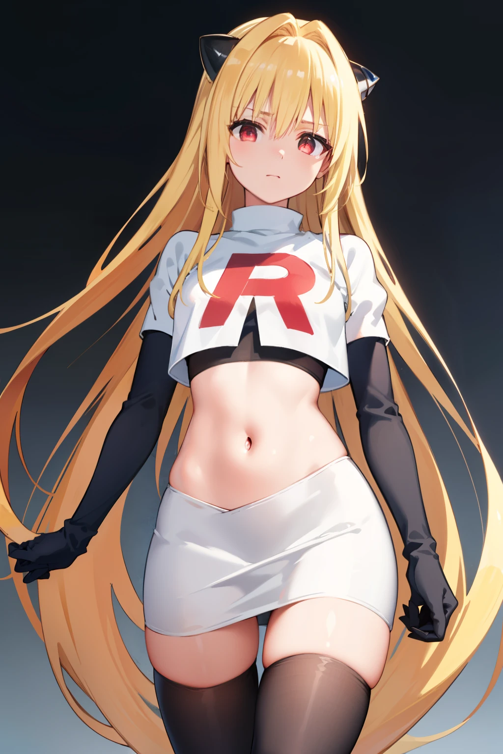 ((masterpiece,best quality)), team rocket,team rocket uniform, red letter R, white skirt,white crop top,black thigh-highs,black elbow gloves zettai ryouiki, (finely detailed beautiful eyes: 1.2), phyami, yaminor, 1girl, solo, blonde hair, long hair, red eyes, very long hair, horns on head