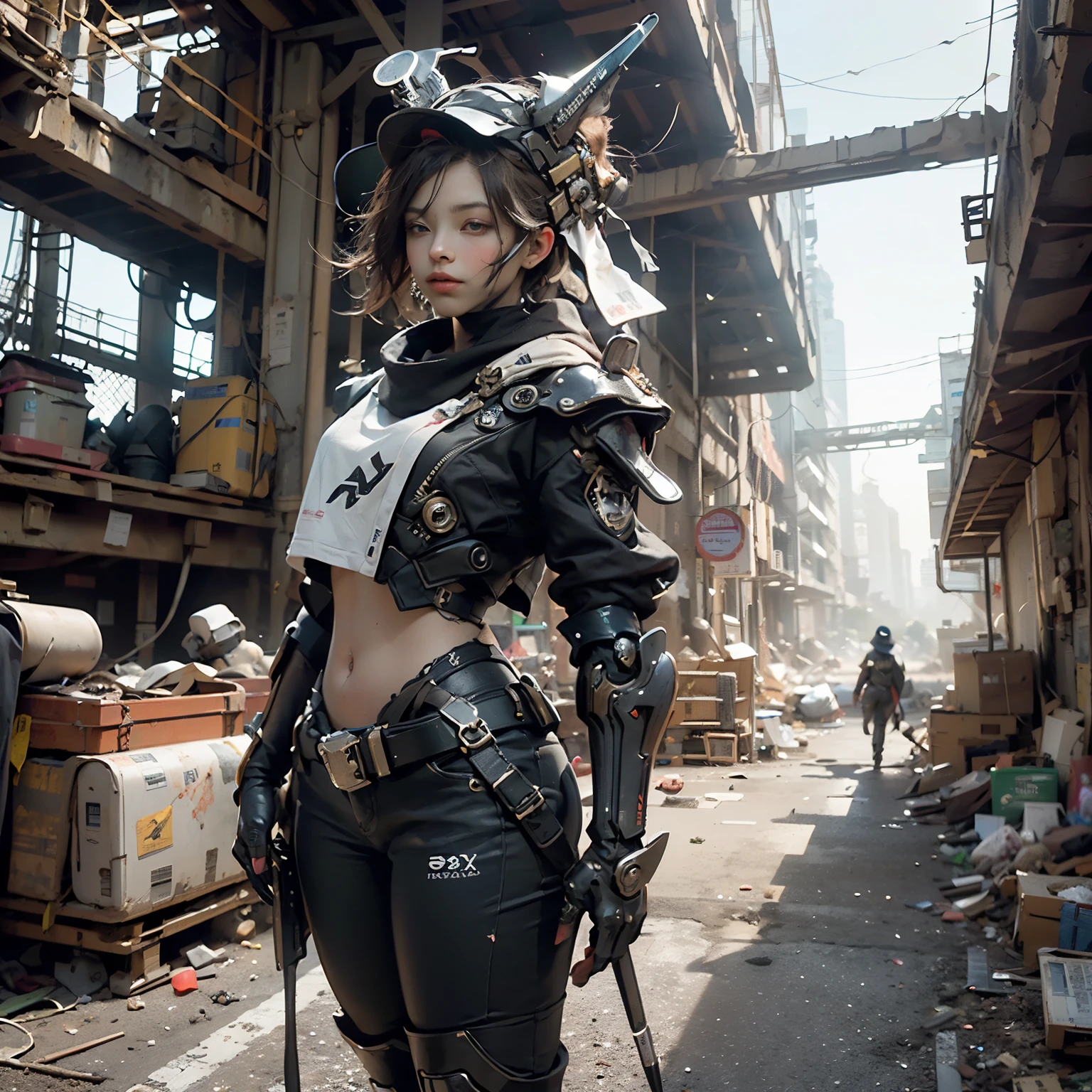 ((melhor qualidade)), ((obra de arte)), ((realista)), (detalhado), (photorealista:1.5), uma garota futurista, (corpo grosso), (body branco), luzes na armadura, cyber hats, olhando para o espectador, Dynamic Posture, Post-apocalyptic, Destroyed city background, buildings on fire, Science fiction, HDR, rastreamento de raio, NVIDIA RTX, Super-resolution, Irreal 5, underground dispersal, PBR texturing, post-processing, Anisotropic filtering, profundidade de campo, Maximum clarity and sharpness, Rule of Thirds, 8K CRU, (luminescent particles:1.4), (extremely detalhado cg, papel de parede da unidade 8k, 3D, cinematic lighting, reflexo de lente), reflections, sharp focus, Arte ciberpunk, arquitetura cyberpunk,