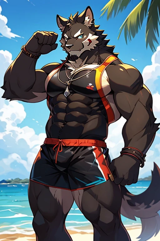 (4K resolution, realistic), bara, lifeguard, man with bread, half-wolf half-human, human appearance with wolf ears and tail, shirtless, strong muscles, confident expression, beach setting, sunny day, waves, lifeguard tower, sunglasses, sunscreen, whistle, rescue buoy, high energy, alert, muscular physique, wolf-like agility, protective instincts, tan skin, wet hair, athletic build. he has black hair and hairy. He has a faded mohawks and bushy beard, and have a big black wolf tail He has red shorts he has short hair , and hes is naked
