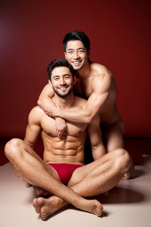 two men hugging each other、30 years old、male、Japanese、very handsome、Brave face、smile、full-naked、abs、Pectoral muscle、thick legs、raise your arms、open legs、spread legs、body hair、night、studio photography、background deep red