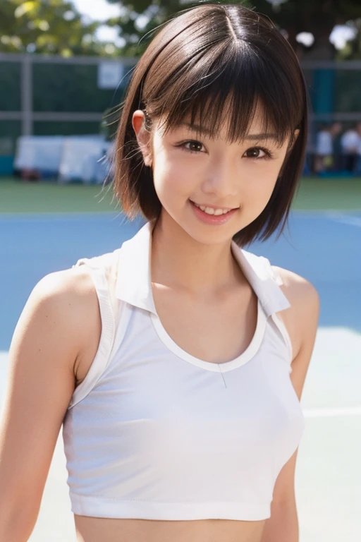 Ultra-realistic capture, Highly detailed, High resolution 16k close-up of human skin. Skin texture must be natural, With such detail that pores can be finely identified. Skin should look healthy, In a uniform tone. Use natural light and color, black short hair, full_body, The navel is slightly visible, tennis uniform, golden ratio, Around 15 years old, looking back, smile, Nikon