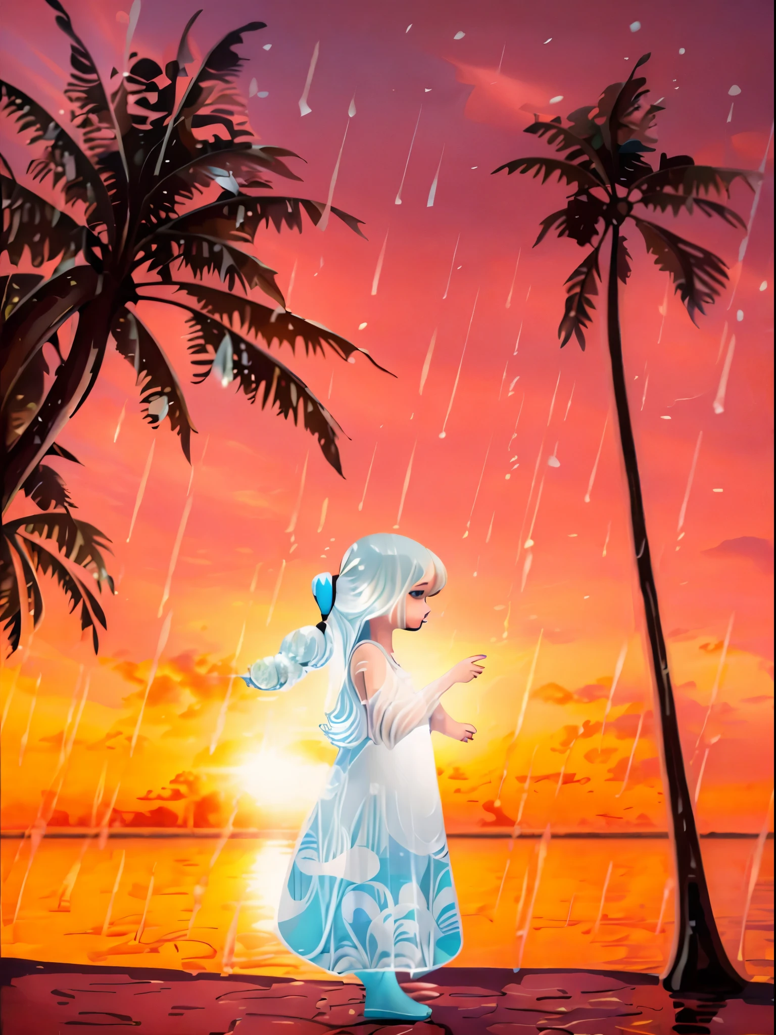 masterpiece, detailed, (((Girl Slime))), the girl is made of water and mucus, Blue Slime, Little girl, Against the backdrop of the ocean, sunset, Bright sun, bright colors, Contrast, lilac hair, big eyes, blue slime dress, rain, Sad Girl, emphasis on rain, ((Palma)), beachный sunset, beach, glow around the girl, silhouette, сильный rain, Oriental fantasy, elegant glamorous, (Geometric pattern:1.4), modernism, and minimalism, city with many details