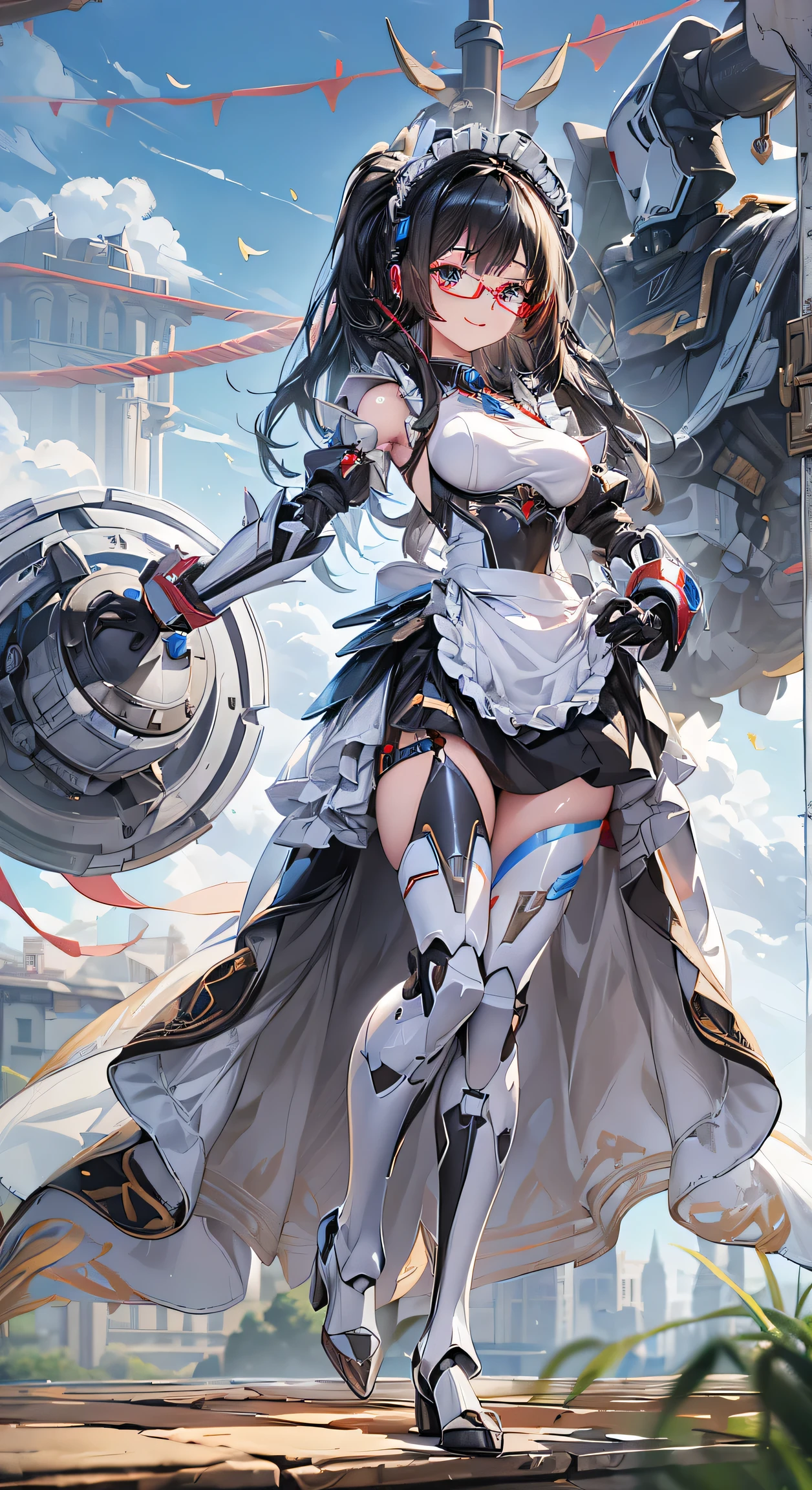 NSFW、highest quality、unity 8k wallpaper、32K、masterpiece、Super detailed、ultra high resolution、realistic、Photoreal、1 female、whole body、Anatomically accurate mechanical body、Cyborg Maid、(Beautiful woman、double eyes、Clear blue eyes shine、Sexy features、gentle smile)、((Half Up Black Hair、smart glasses with red underrim、headdress headset、Black pin heels、white gloves、Mecha armor that looks like a maid outfit、Classic Maid Clothing、black armor:1.2))、