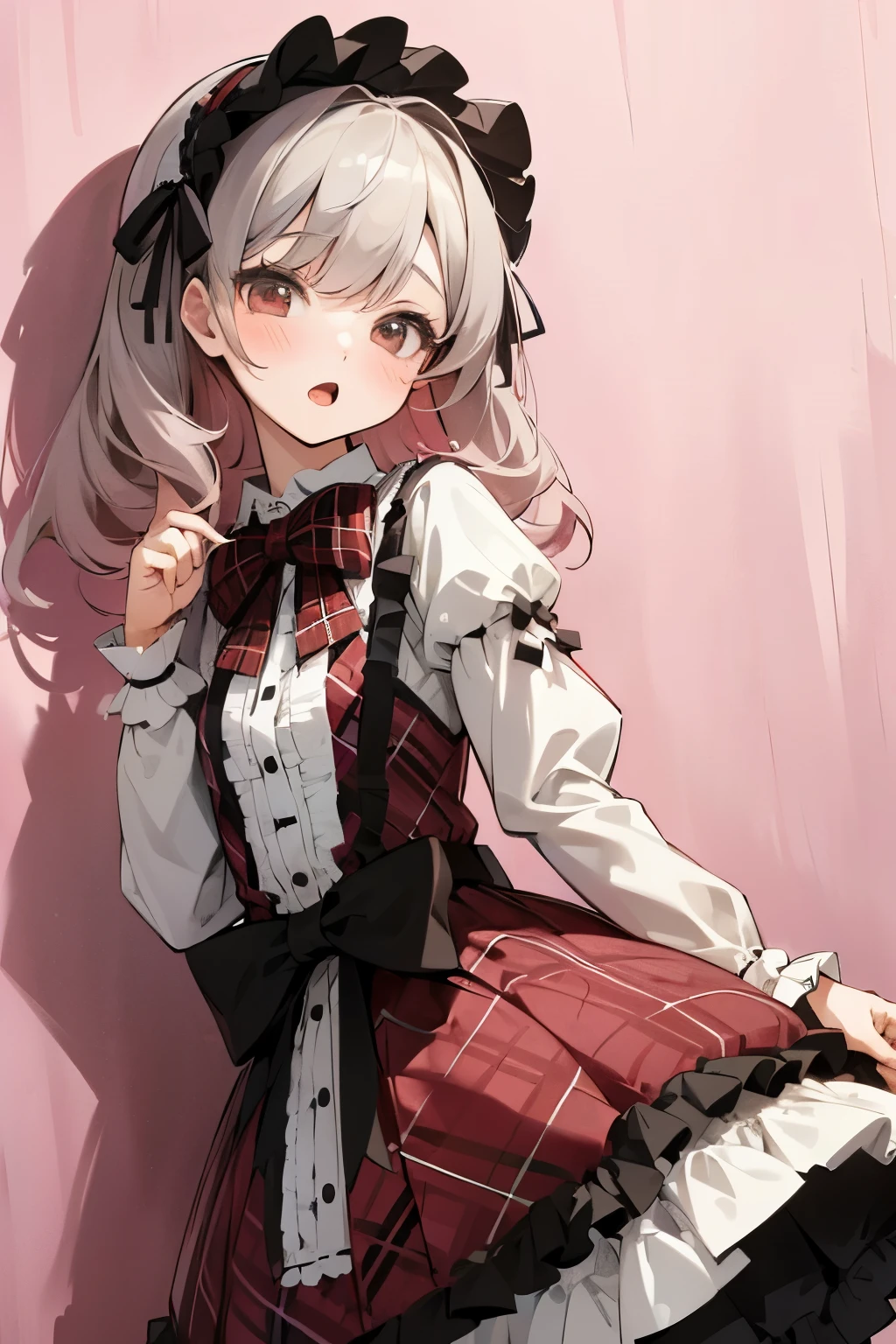 ((Masterpiece)), (best quality), cute  girl, Plaid dress, bow, (lolita fashion), lolita style, anime girl cosplay, loli, cute, open mouth, pretty, loli, portrait of lolita girl, emo style, red checker, against the pastel wall,