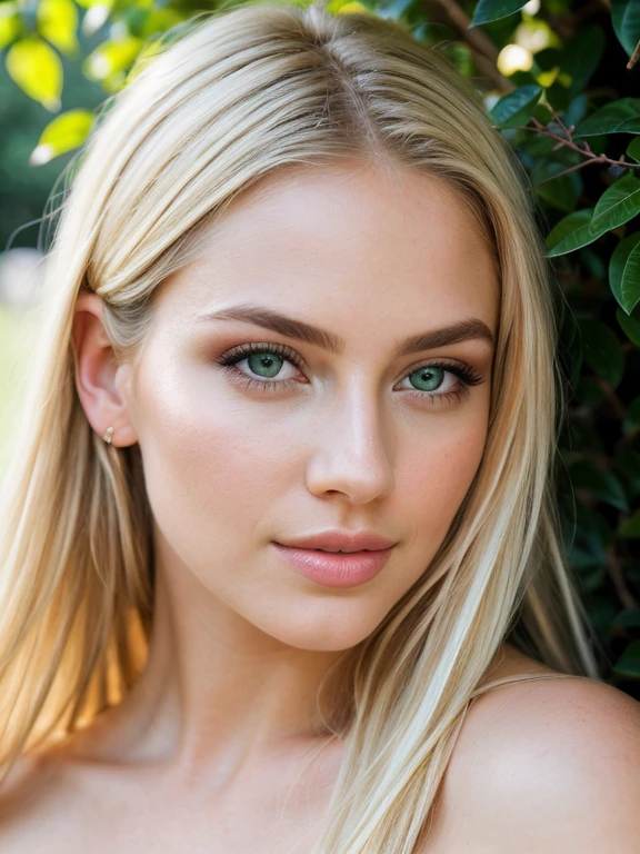 nude,blonde woman,beautiful detailed eyes,beautiful detailed lips,extremely detailed eyes and face,longeyelashes,smooth skin,feminine,outdoor,green garden,soft sunlight,warm colors,photorealistic,portrait painting,vivid colors,bokeh