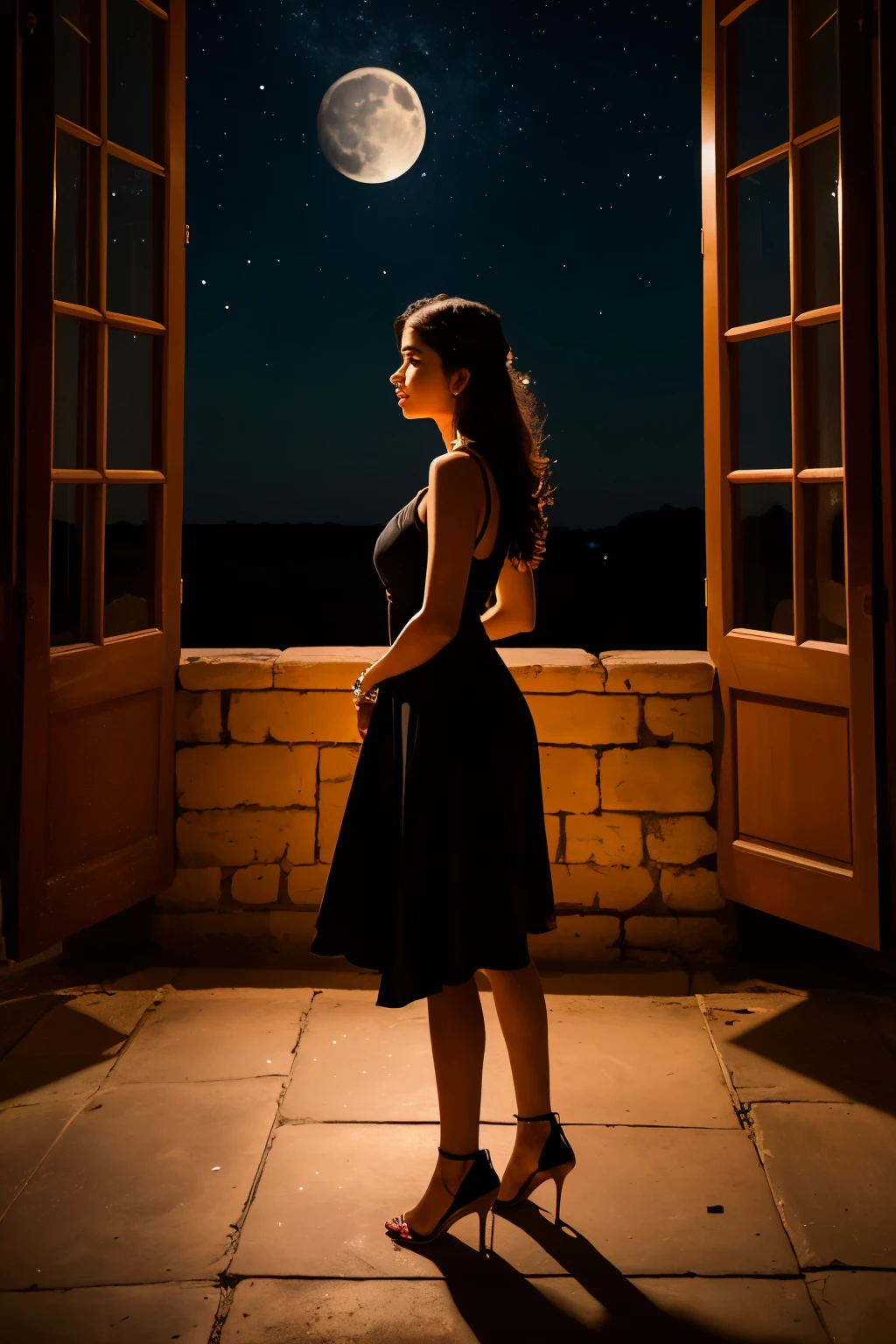 Photo of a beautiful Indian girl, profile view, wearing a black dress on the front side and a golden dress on the outside, capturing her elegance and allure. The setting is a night scene with side lighting and shadows, illuminating her features. The background is adorned with a night window, featuring the tranquil sky, moon, and stars. The ground beneath is texturized with 3D glasses, ensuring an immersive and cinematic experience.
Detailed description:
A beautiful Indian girl stands in profile view, her stance exuding confidence. The left side of her figure is draped in a pitch-black dress, its fabric shimmering subtly under the moonlight